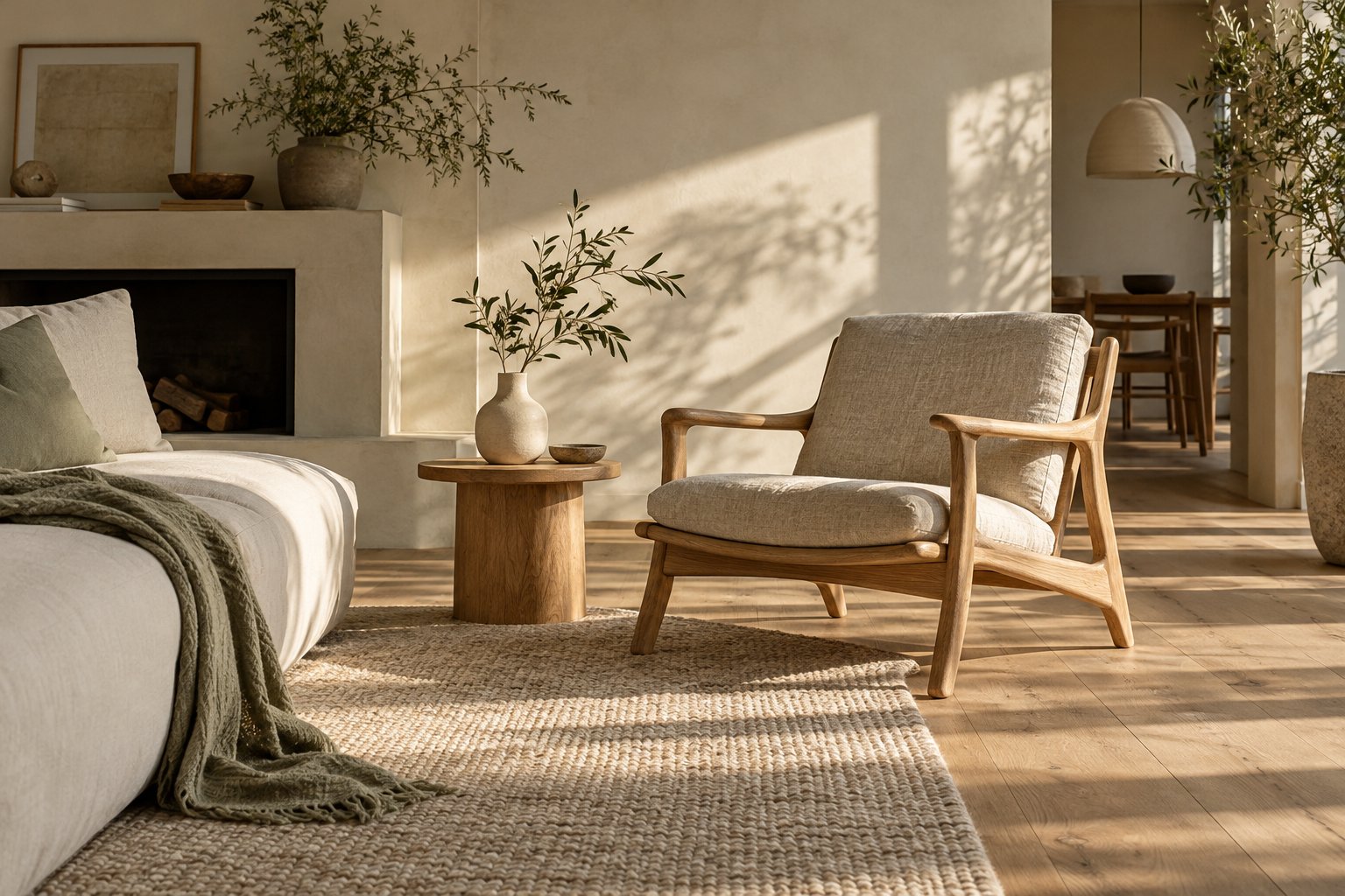 Interior scandinav în lumină naturală, cu lemn deschis și textile în tonuri de ovăz și salvie